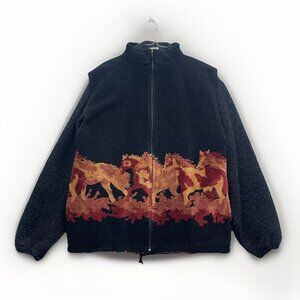 VTG Polar Sherpa Fleece Layered Jacket Mens L Black AOP Horse Graphic QC Canada*